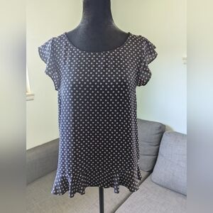 Navy Blue Floral Print Blouse with Ruffle Sleeves - Size M